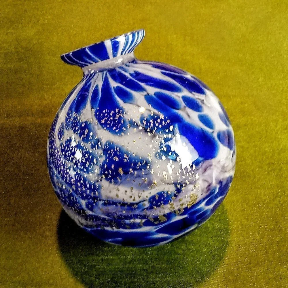 Blue White Gold Aventurine Art Glass Small Vase